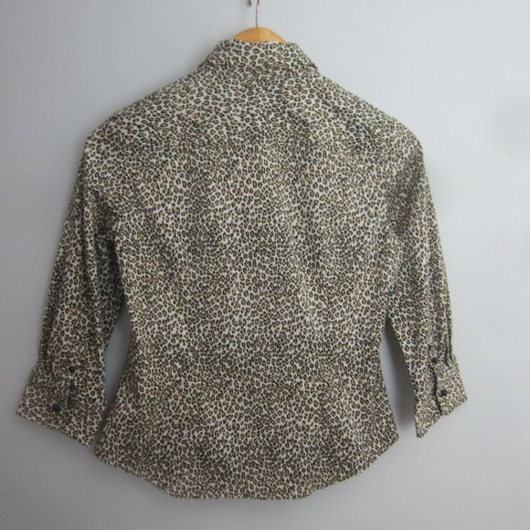 Talbots Womens 6 Petite 6P Brown White Leopard Animal Print Cotton Blouse Shirt - Picture 6 of 11